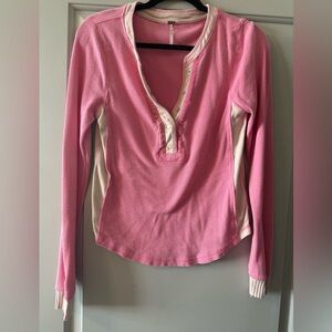 Free People Pink Long Sleeve Waffle Knit Henley Top Size Medium